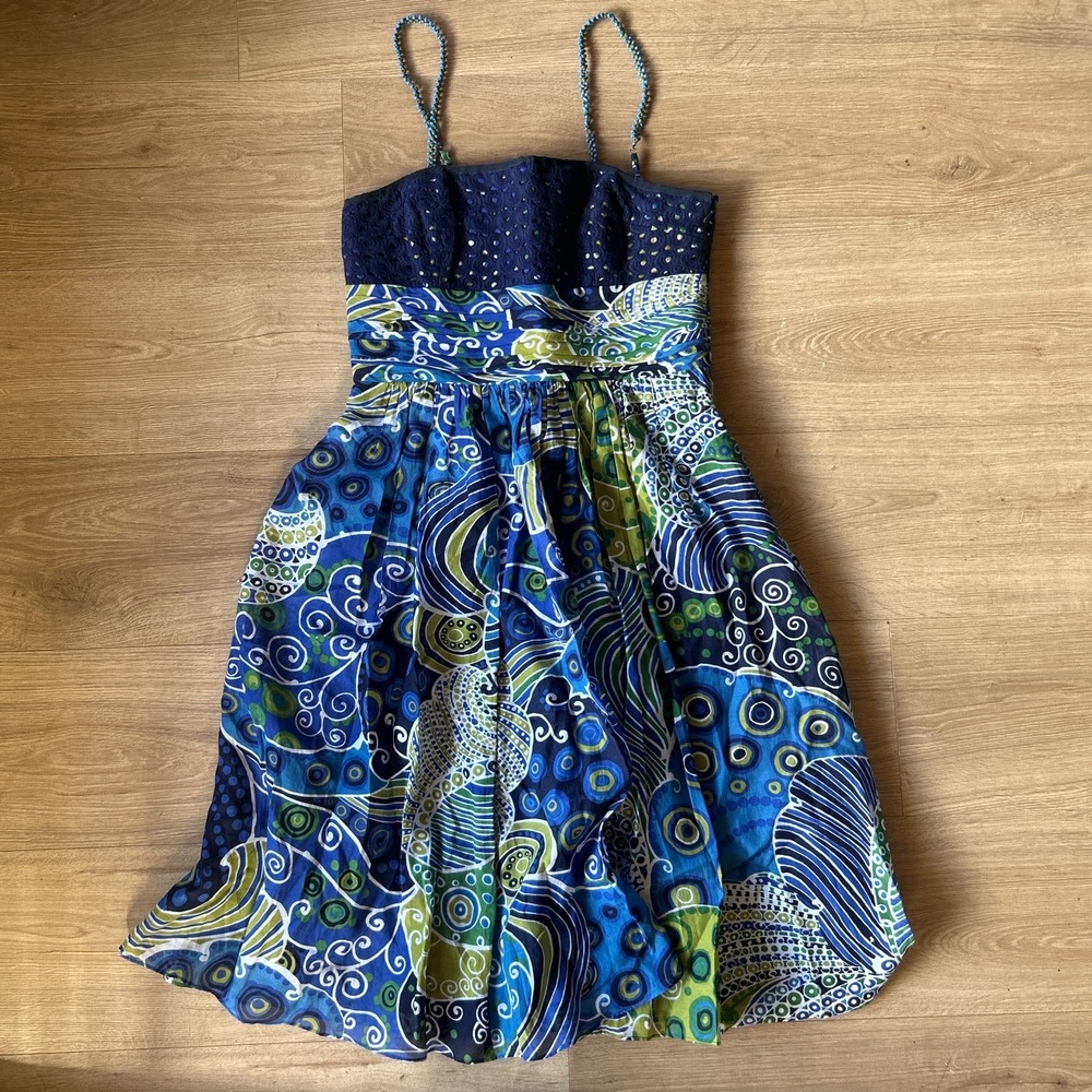Anne Klein New York Silk Dress Blue Green Paisley Eyelet Beaded Straps NWT 4